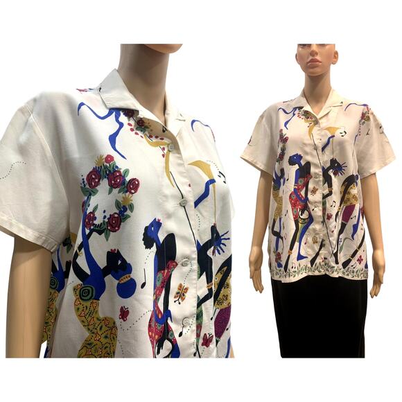 80s Rayon Shirt Colorful African Dancers Print | Women Short Sleeve | In Wear - Picture 5 of 10